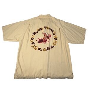 VTG Kahala Mens XL Silk Hawaiian Shirt Tan Embroidered Surfer Herringbone Aloha